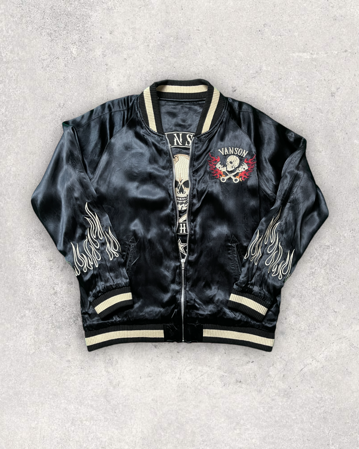 VANSON Skull and Flame Pattern Black Sukajan