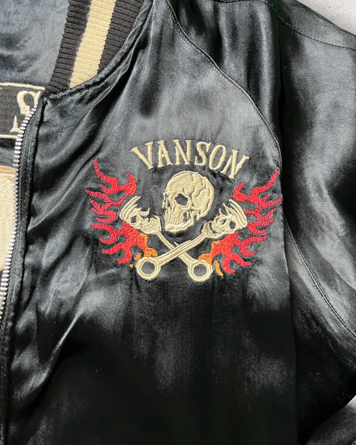 VANSON Skull and Flame Pattern Black Sukajan