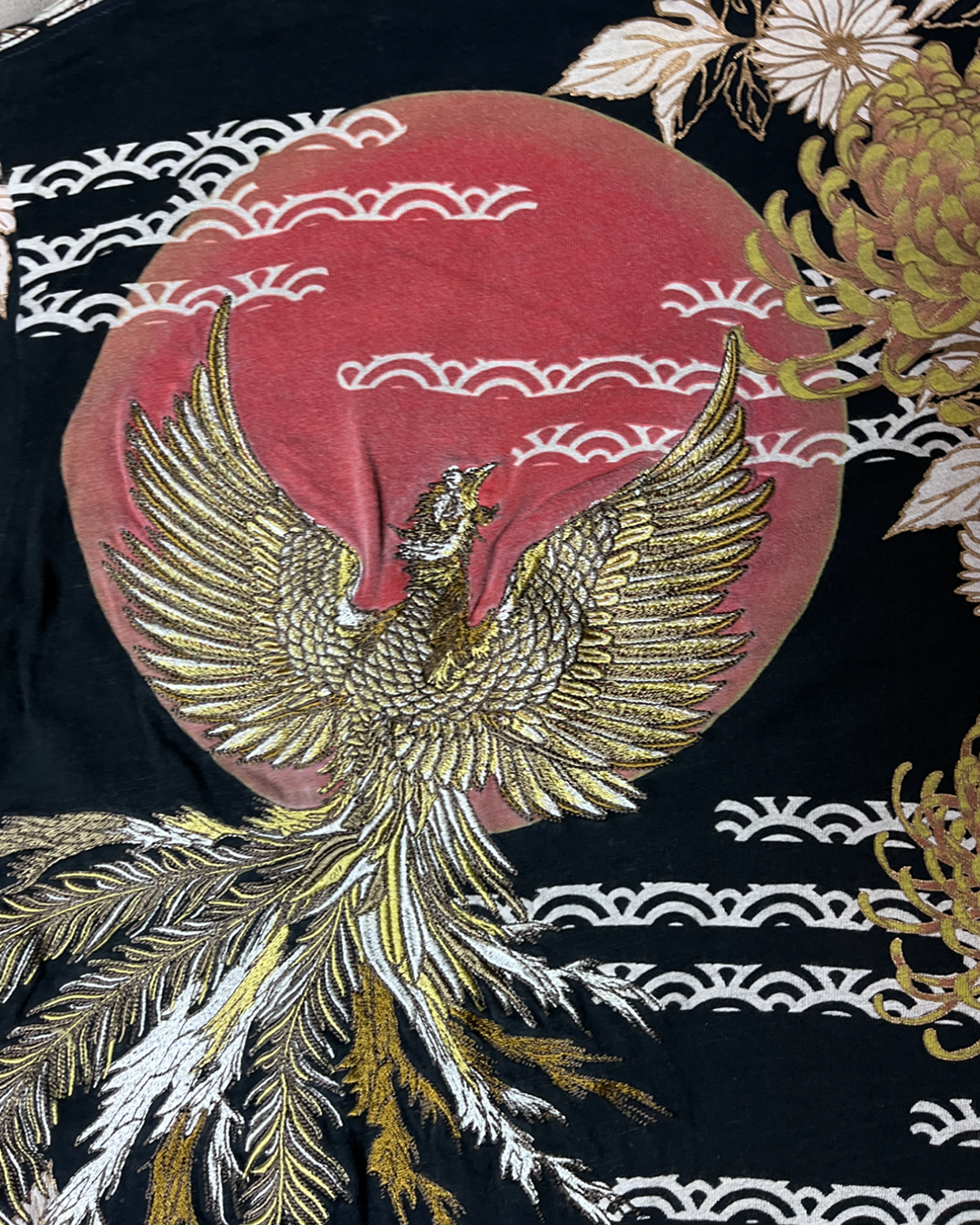 Kacho-fu-getsu Luxury Embroidery Japanese Pattern Phoenix Short-sleeved Vintage t-shirt XL Size