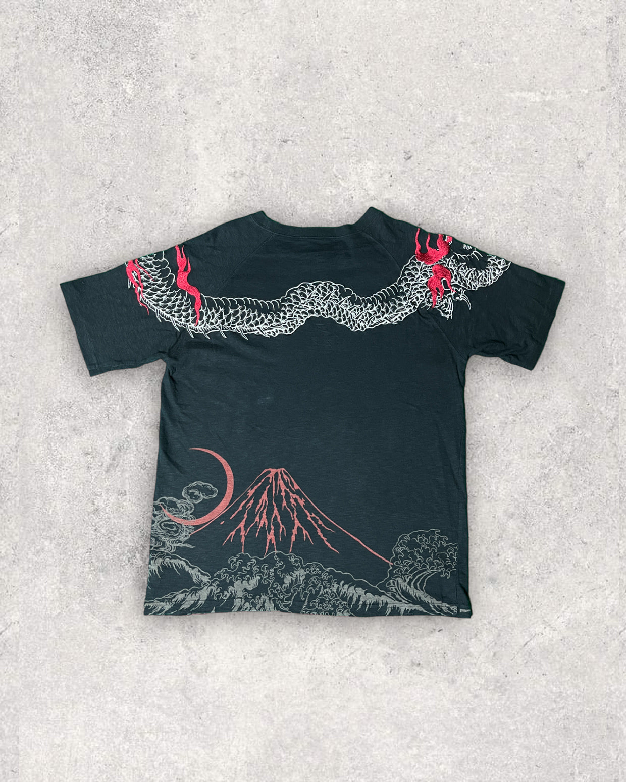 SATORI Japanese Pattern Ryu, Wave, Red Fuji, Crescent Moon Embroidery Short-sleeved | Vintage T-shirt