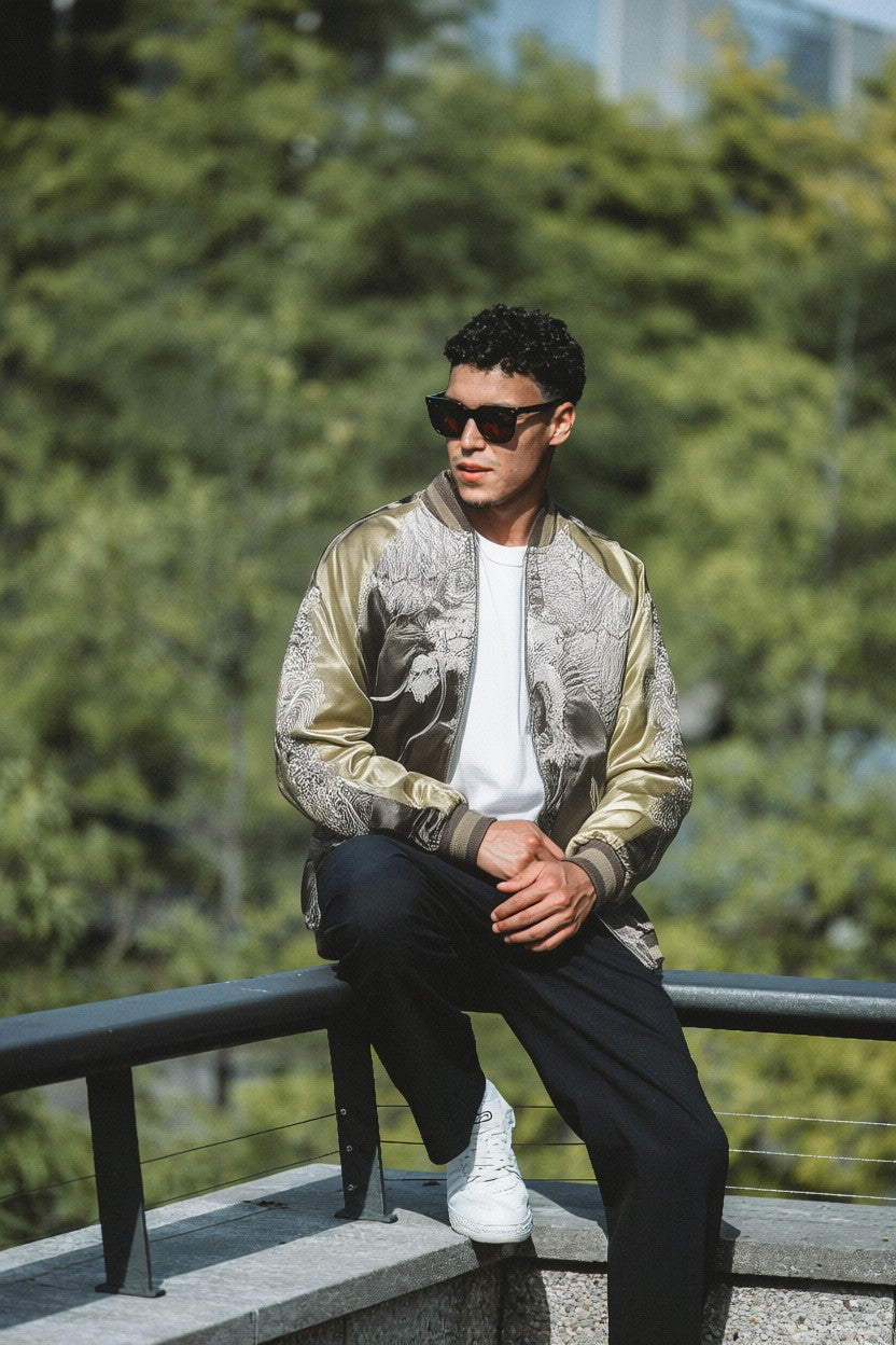 【L】Gold & Silver Gradient Dragon / Indigo Cloud Dragon – Japanese Embroidered Bomber
