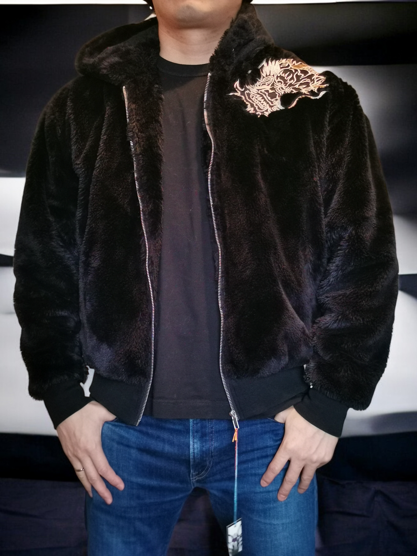 【L】KARAKURI TAMASHII Fleece Hoodie Dragon Embroidery Beautiful jacket | Vintage