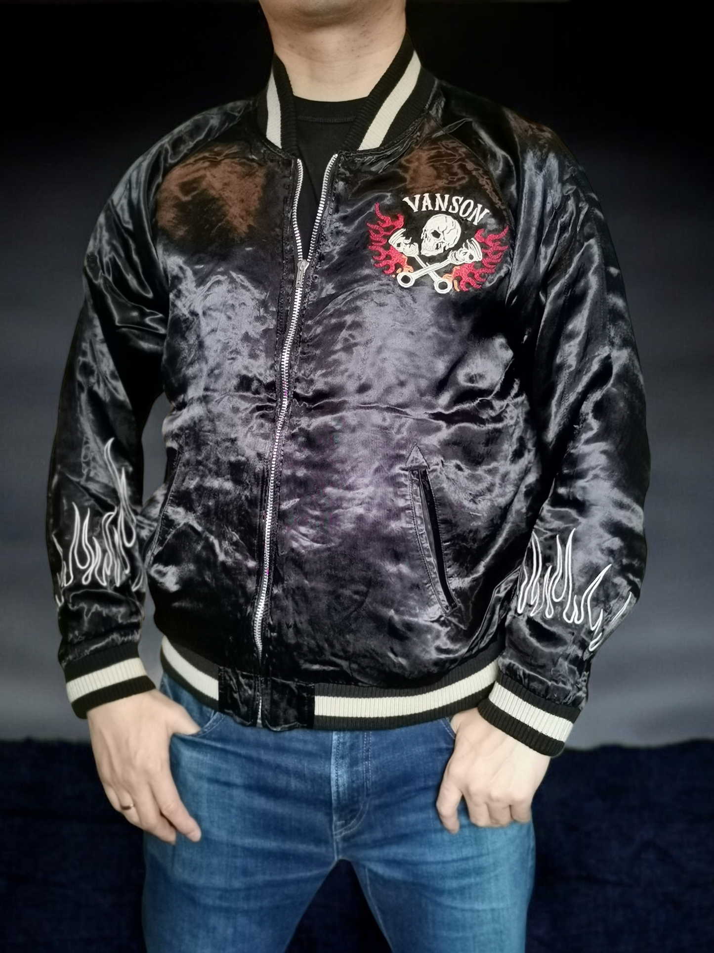 VANSON Skull and Flame Pattern Black Sukajan