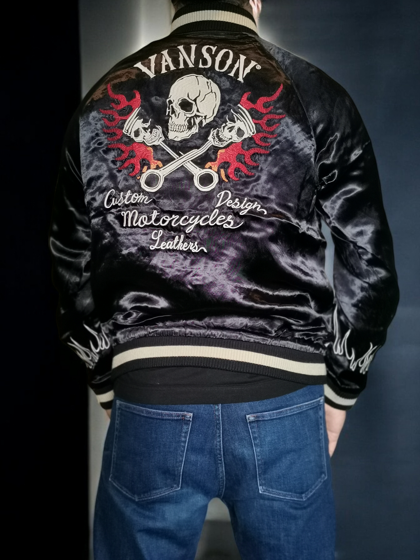 VANSON Skull and Flame Pattern Black Sukajan