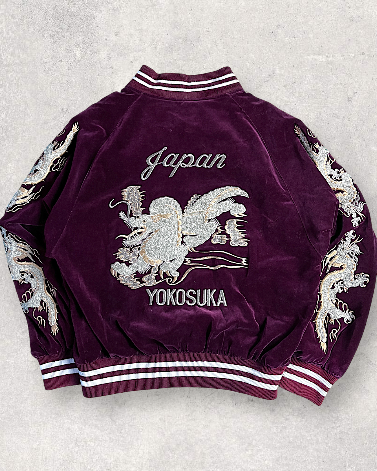 L】Velour Dragon Sukajan Jacket – Wine Red Embroidered Yokosuka L】Velour Dragon Sukajan Jacket – Wine Red Embroidered Yokosuka