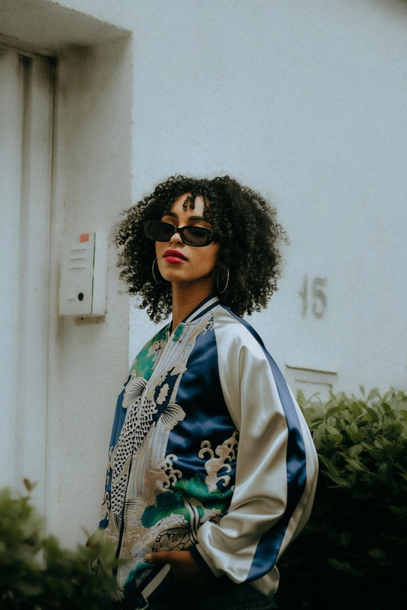 【XL】Koi Waterfall & Pine Embroidery / Japanese Brocade Pattern – XL Japanese Bomber