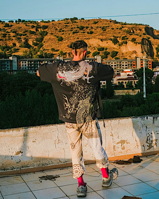 【4L】Embroidered Dragon T-Shirt | Luxury Dragon & Sakura Design | Black |