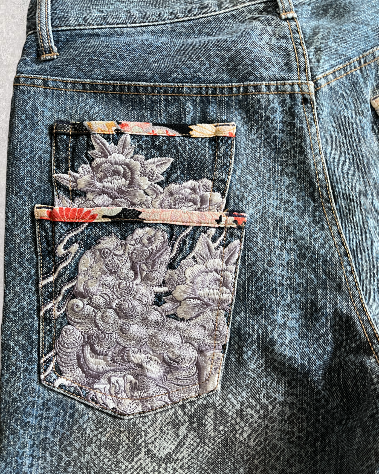Carp and snake skin three pocket Japanese embroidery vintage jeans