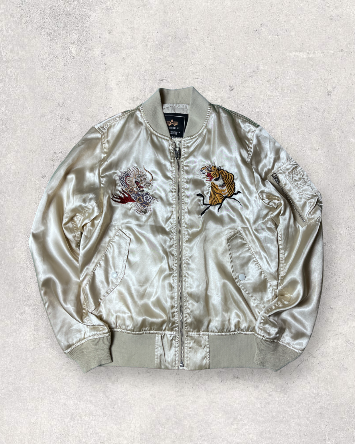 [S] ALPHA INDESTERS - Tiger x Dragon Japan map | Vintage Jacket