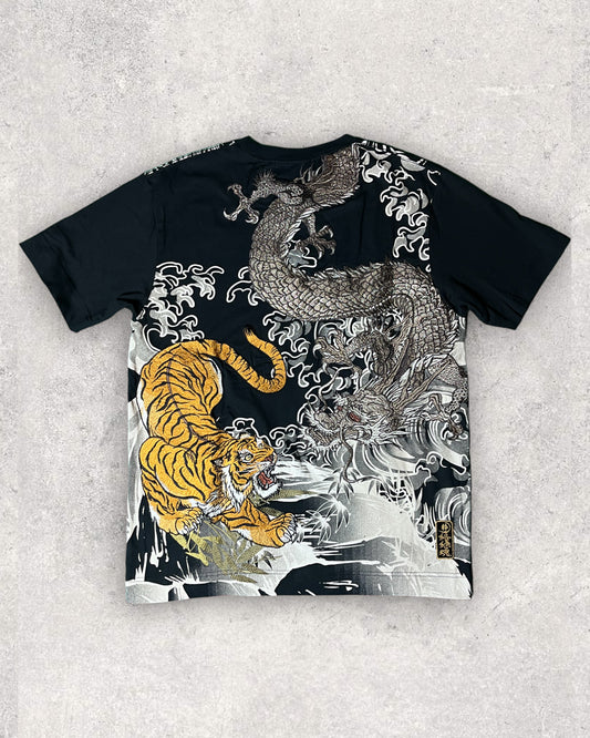 [Rare] KARAKURI-TAMASHII IKI Dragon and Tiger Embroidery Vintage T-shirt XL Large size