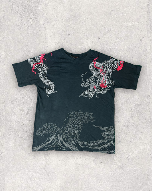 SATORI Japanese Pattern Ryu, Wave, Red Fuji, Crescent Moon Embroidery Short-sleeved | Vintage T-shirt