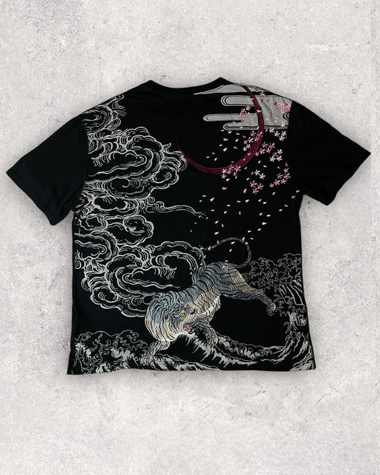 Satori Sakura Fubuki White Tiger embroidery Vintage T-shirt Size:XXL