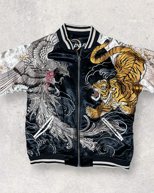 Gorgeous embroidery KARAKURI-TAMASHII iki Rayon Satin Reversible Skajan Japanese Pattern Tiger Dragon Phenix | Spring/Autumn | Vintage