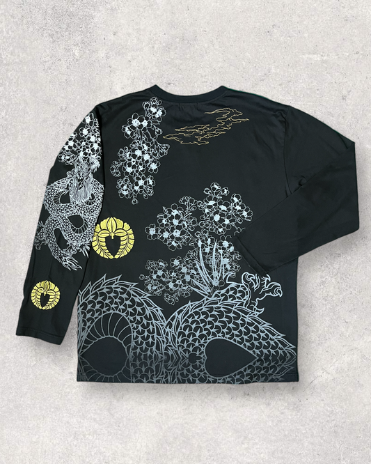 Dragon Japanese pattern Black Long T - shirts | Vintage
