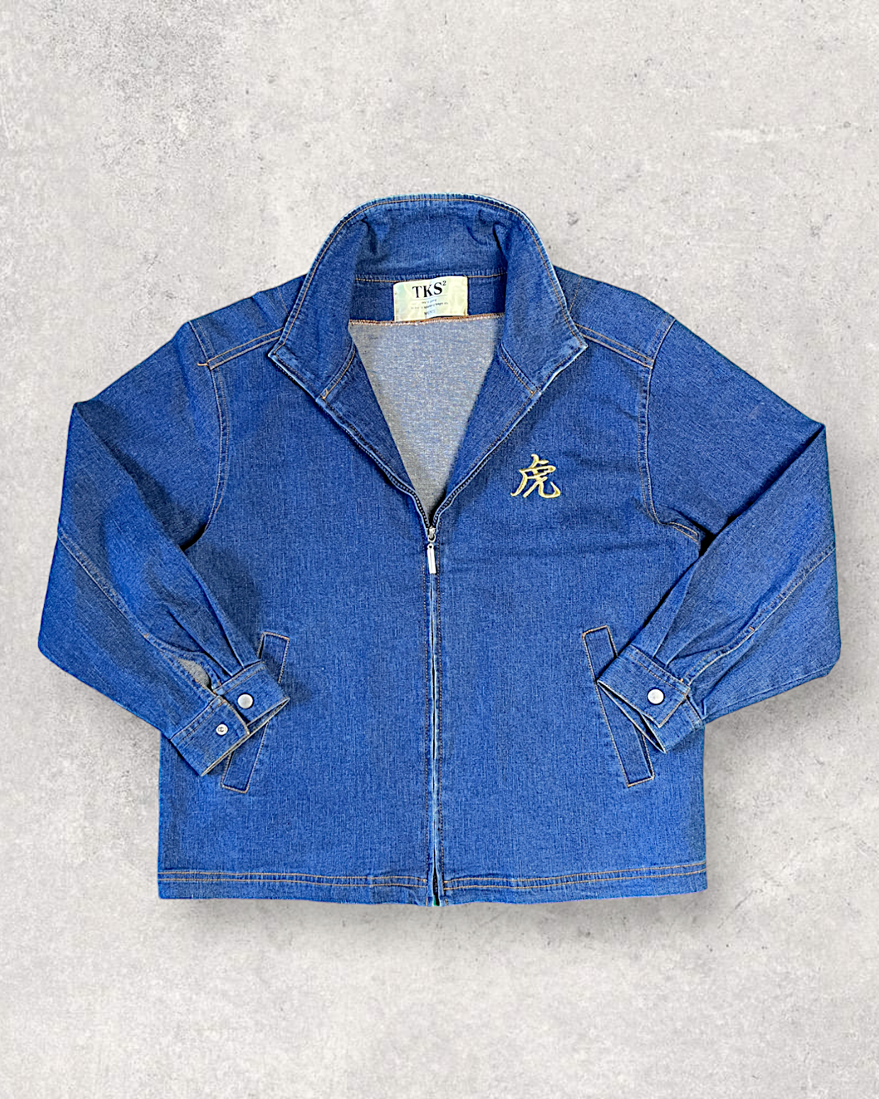 [L][Rare and Bespoke] TKS2 [overwhelming presence] Sukajan Blouson Tiger Tiger  Denim Jacket Embroidery Stretch Stretch Zip-up M-L Equivalent | Vintage