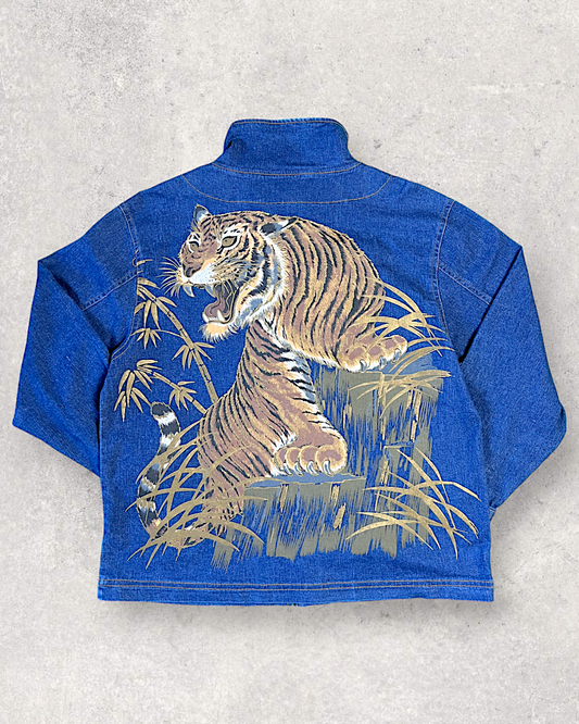 [L][Rare and Bespoke] TKS2 [overwhelming presence] Sukajan Blouson Tiger Tiger  Denim Jacket Embroidery Stretch Stretch Zip-up M-L Equivalent | Vintage