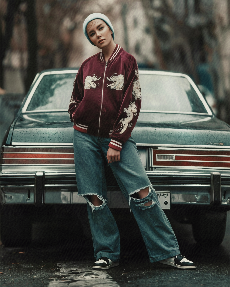 【L】Velour Dragon Sukajan Jacket – Wine Red Embroidered Yokosuka Japanese Bomber