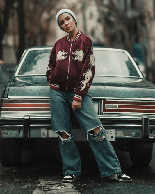 【L】Velour Dragon Sukajan Jacket – Wine Red Embroidered Yokosuka Japanese Bomber