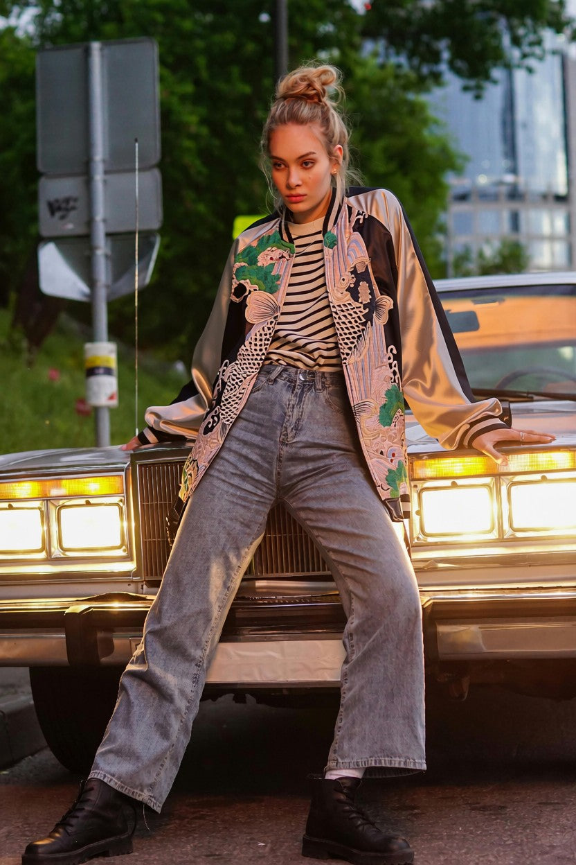 【XL】Koi Waterfall & Pine Embroidery / Japanese Brocade Pattern – XL Japanese Bomber