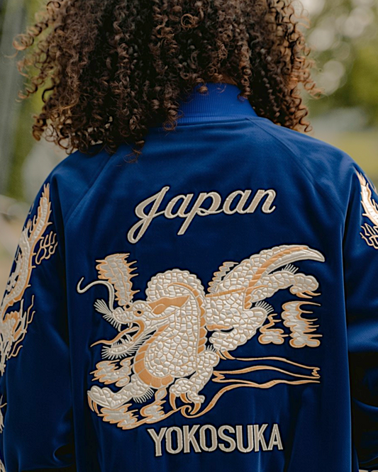 【M or S】Japan Yokosuka Velvet Sukajan Jacket – Dragon Embroidery Souvenir Jacket Navy