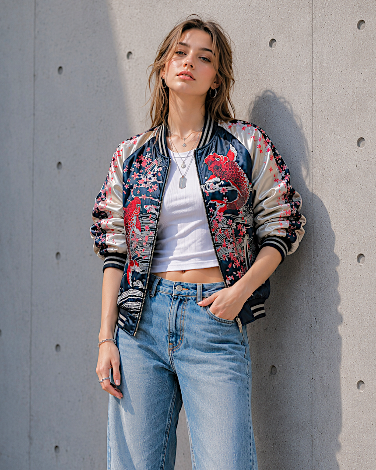 【M】Rare Vintage Reversible Sukajan Jacket “Red Koi & Sakura”