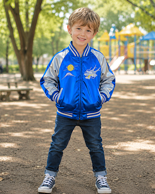 【KIDS】Japanese Dragon Sukajan for Kids – Royal Blue Satin Jacket Size 100