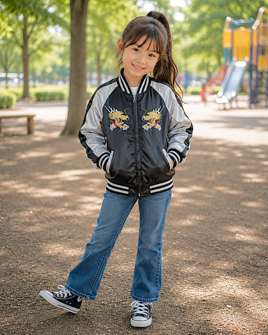 【KIDS】NEW Kids Sukajan Jacket “Black Dragon” – Satin Japanese Dragon Jacket