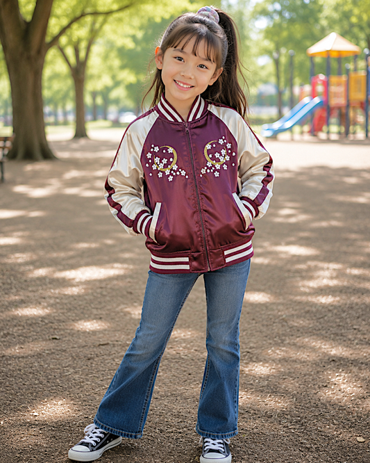 [KIDS] OBORO Kids Sukajan Jacket – Nine-Tailed Fox & Sakura Embroidery