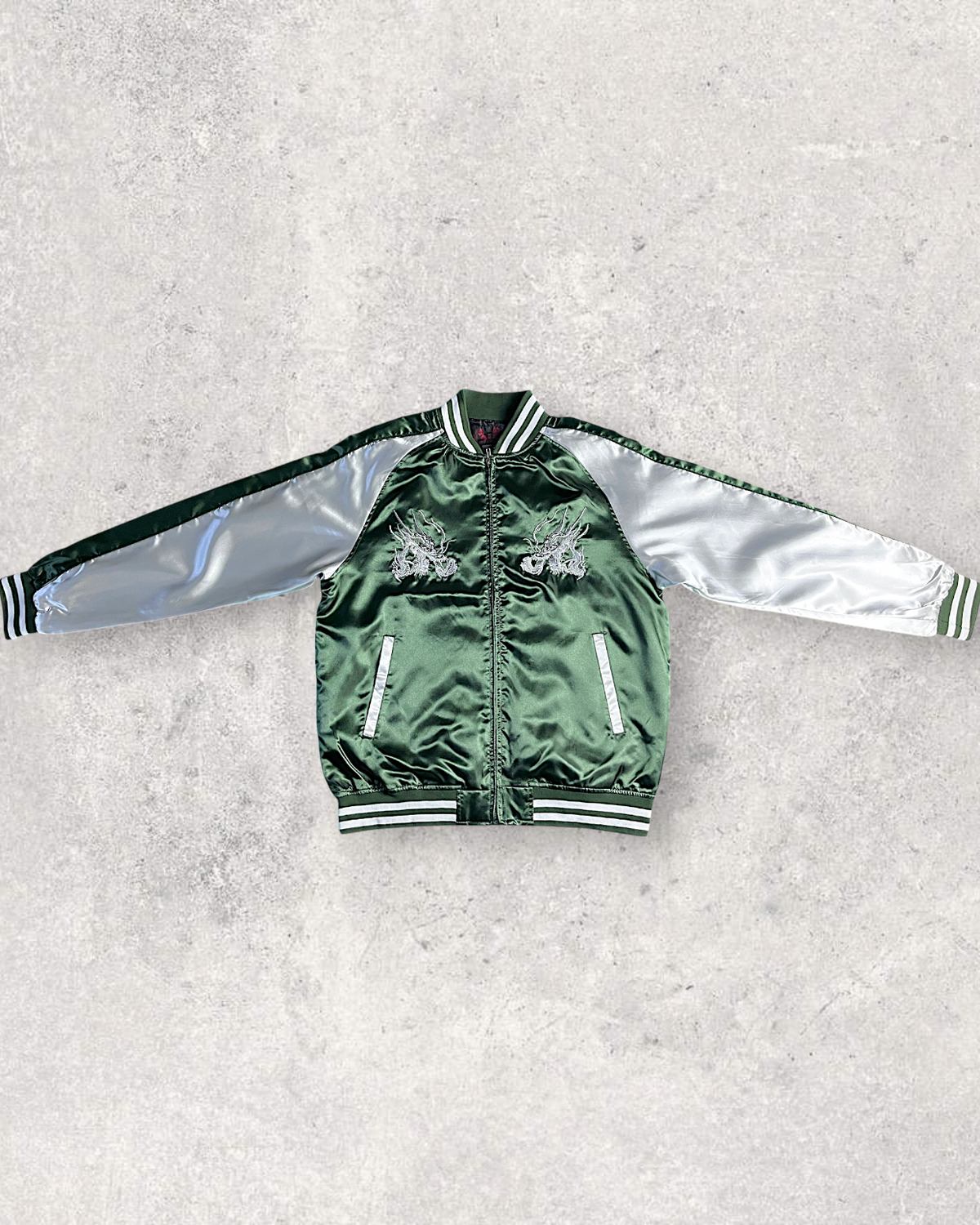 [3L] Japanese Dragon Sukajan Jacket – Deep Green Silver Embroidery