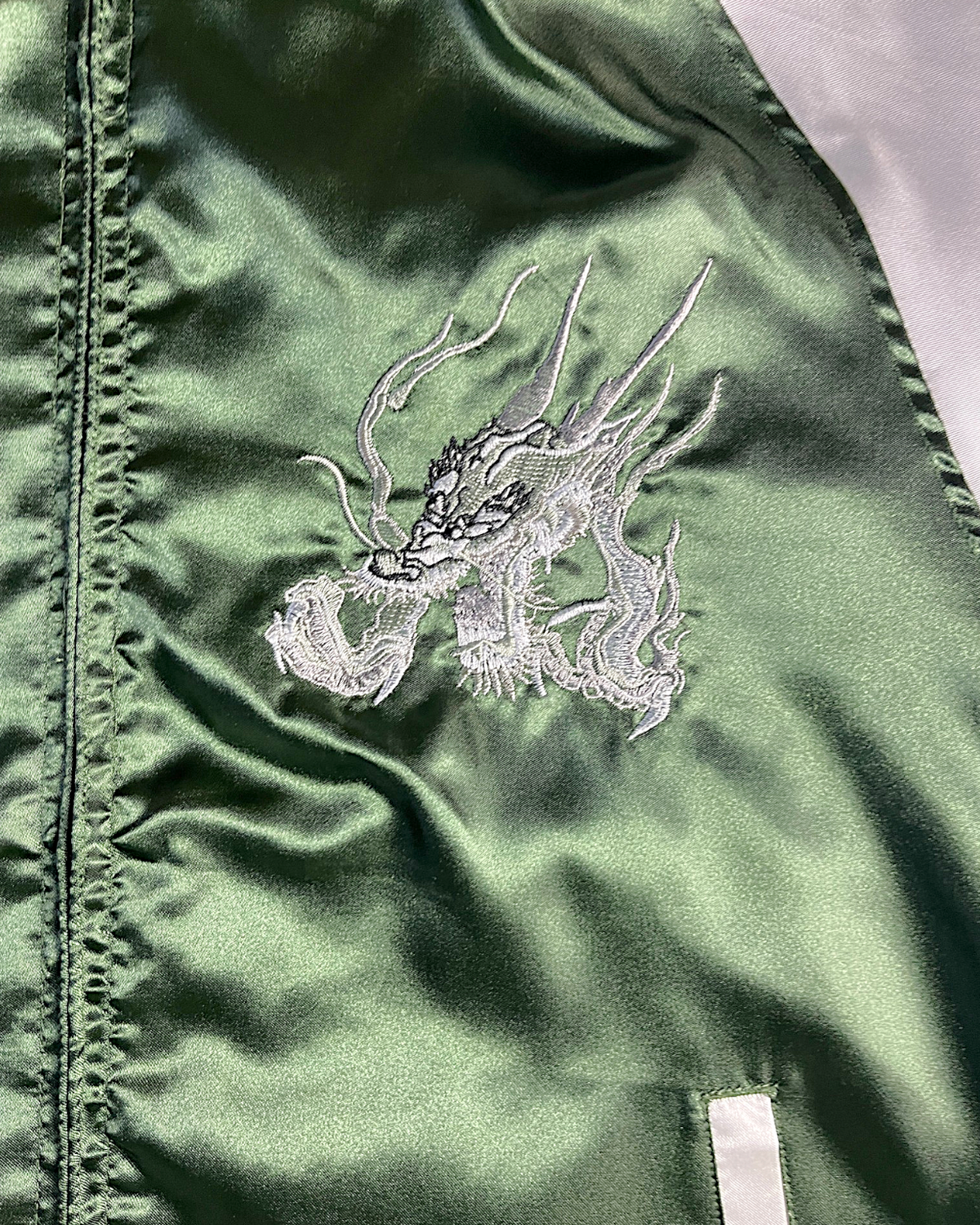 [3L] Japanese Dragon Sukajan Jacket – Deep Green Silver Embroidery