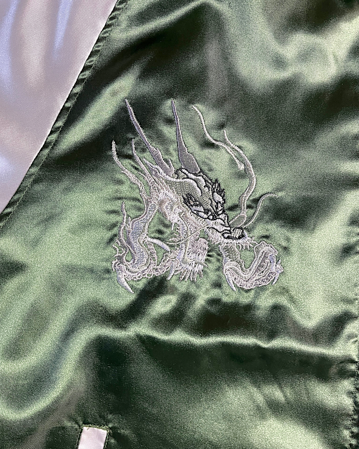[3L] Japanese Dragon Sukajan Jacket – Deep Green Silver Embroidery