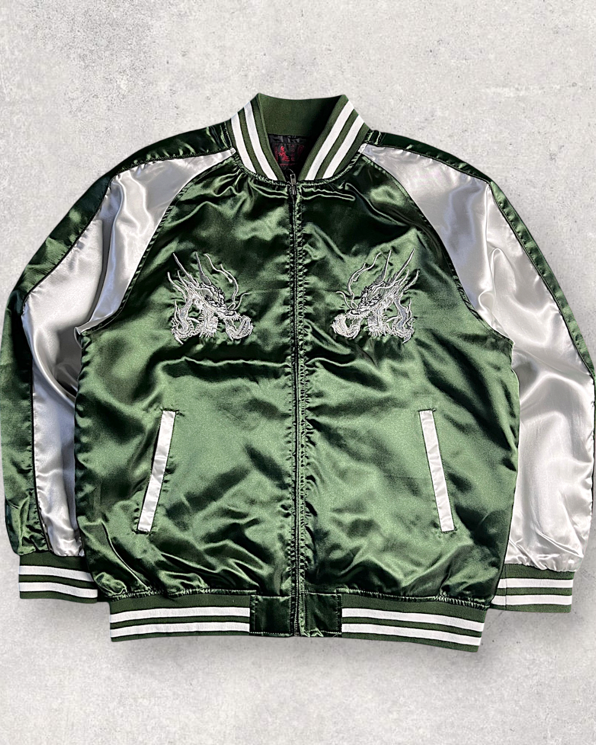 [3L] Japanese Dragon Sukajan Jacket – Deep Green Silver Embroidery