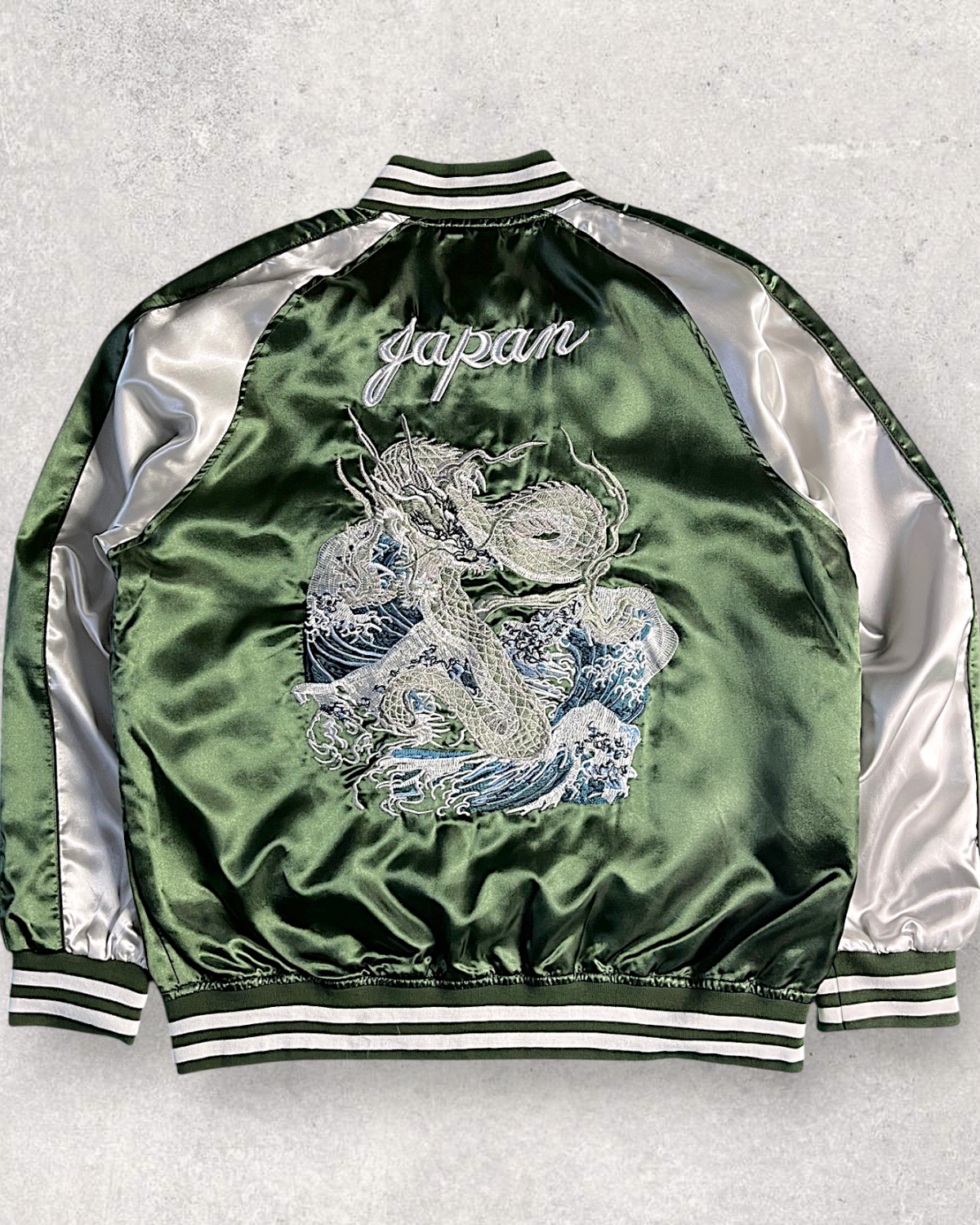 [3L] Japanese Dragon Sukajan Jacket – Deep Green Silver Embroidery