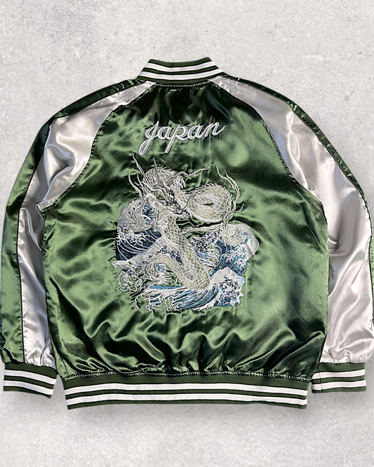 [3L] Japanese Dragon Sukajan Jacket – Deep Green Silver Embroidery