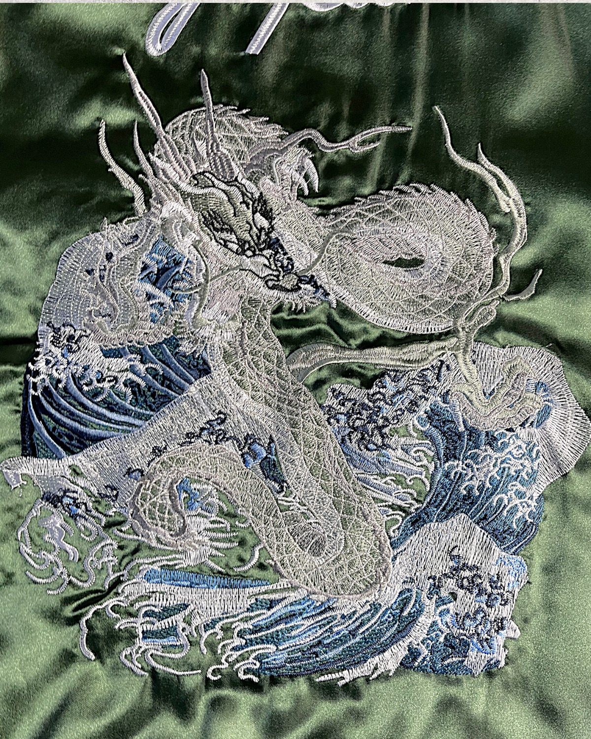 [3L] Japanese Dragon Sukajan Jacket – Deep Green Silver Embroidery