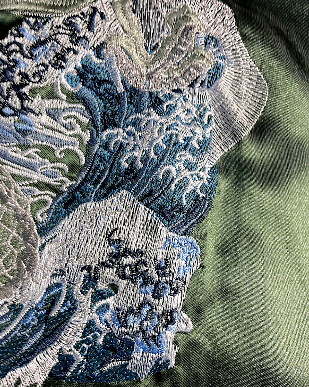 [3L] Japanese Dragon Sukajan Jacket – Deep Green Silver Embroidery