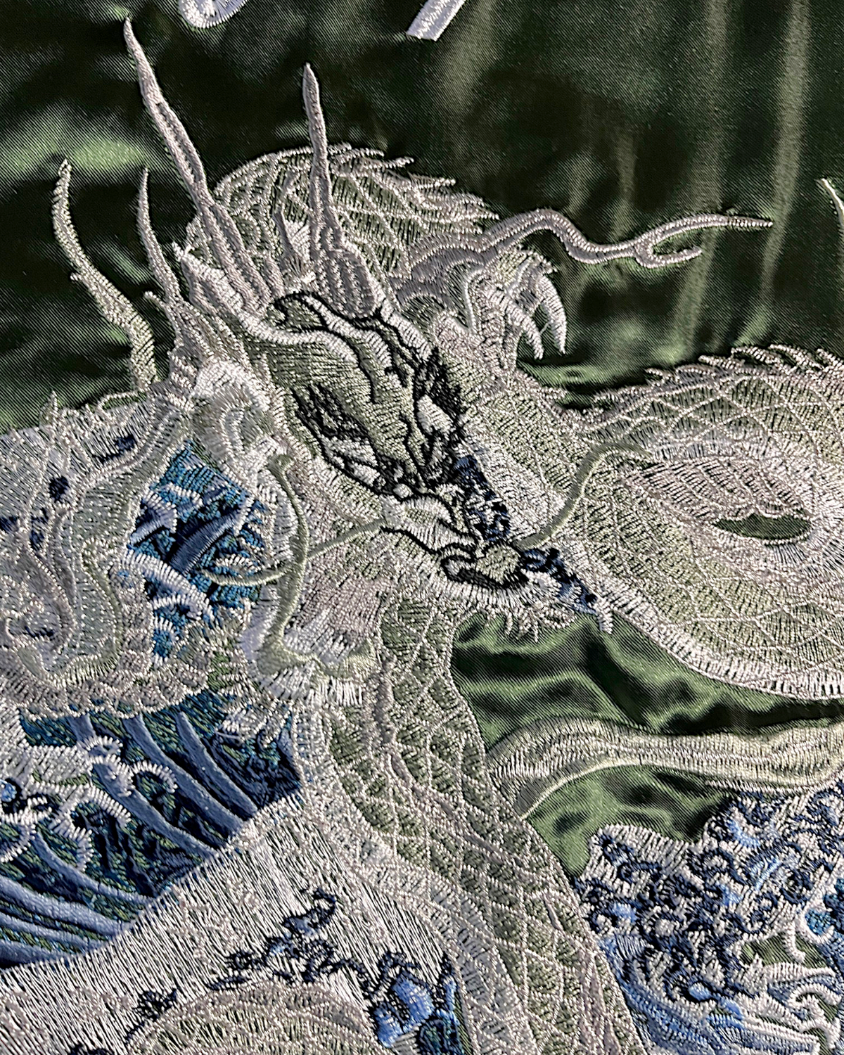 [3L] Japanese Dragon Sukajan Jacket – Deep Green Silver Embroidery