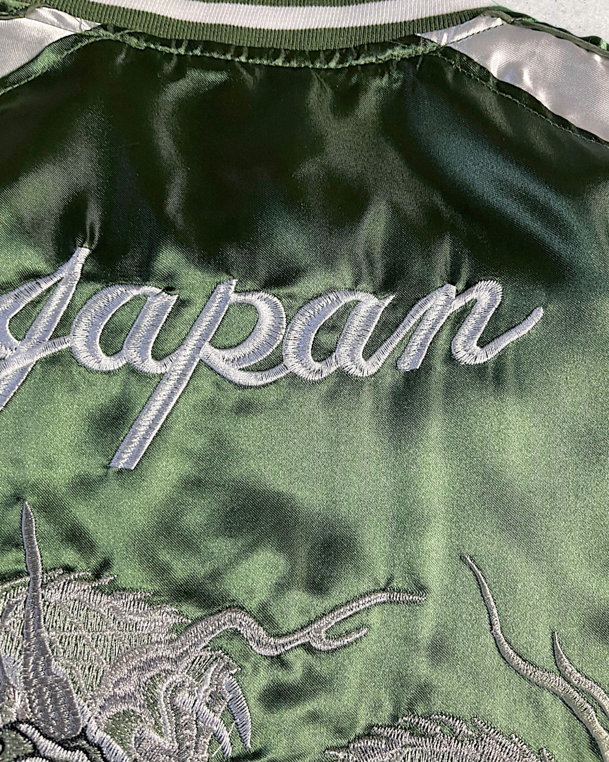 [3L] Japanese Dragon Sukajan Jacket – Deep Green Silver Embroidery