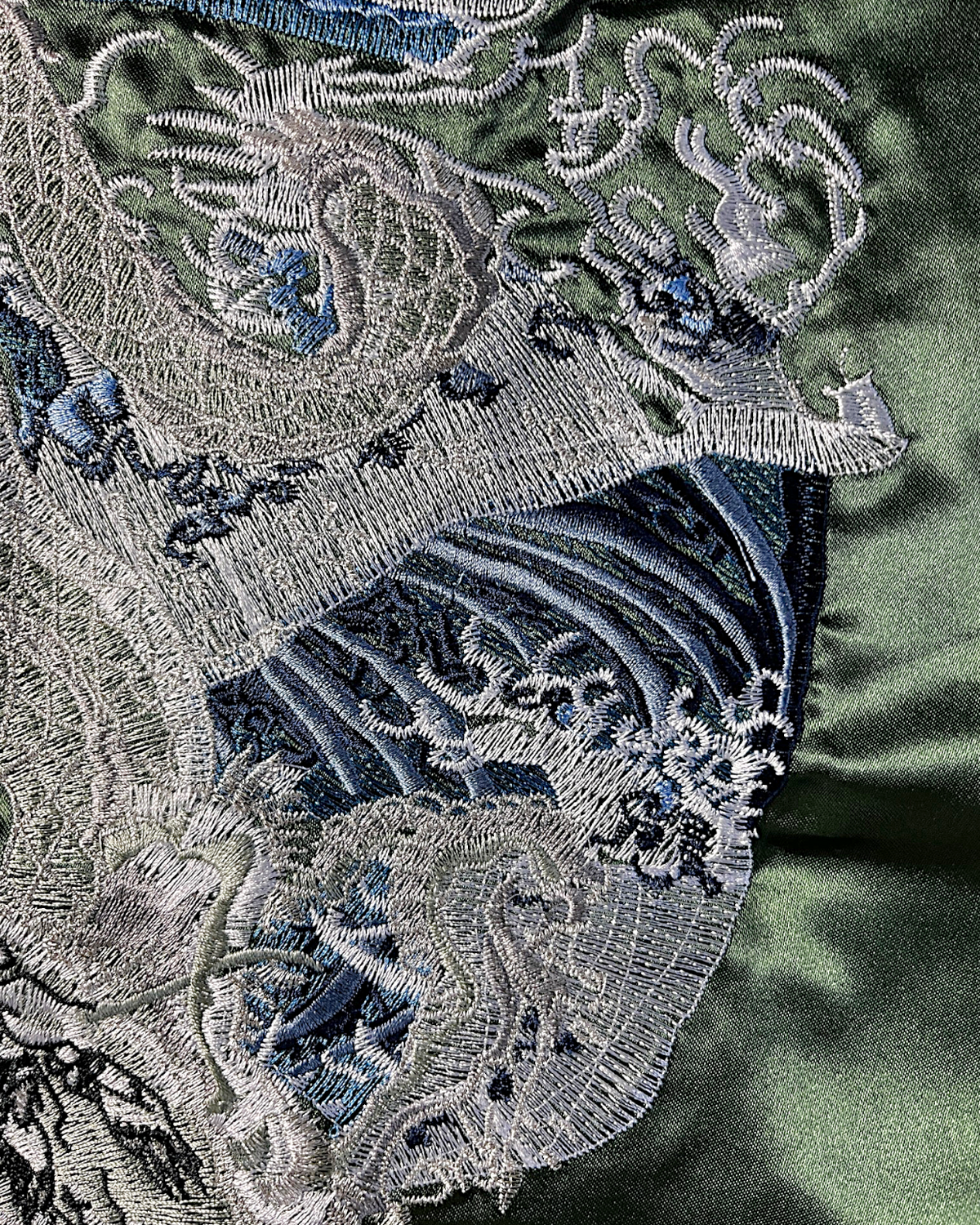 [3L] Japanese Dragon Sukajan Jacket – Deep Green Silver Embroidery