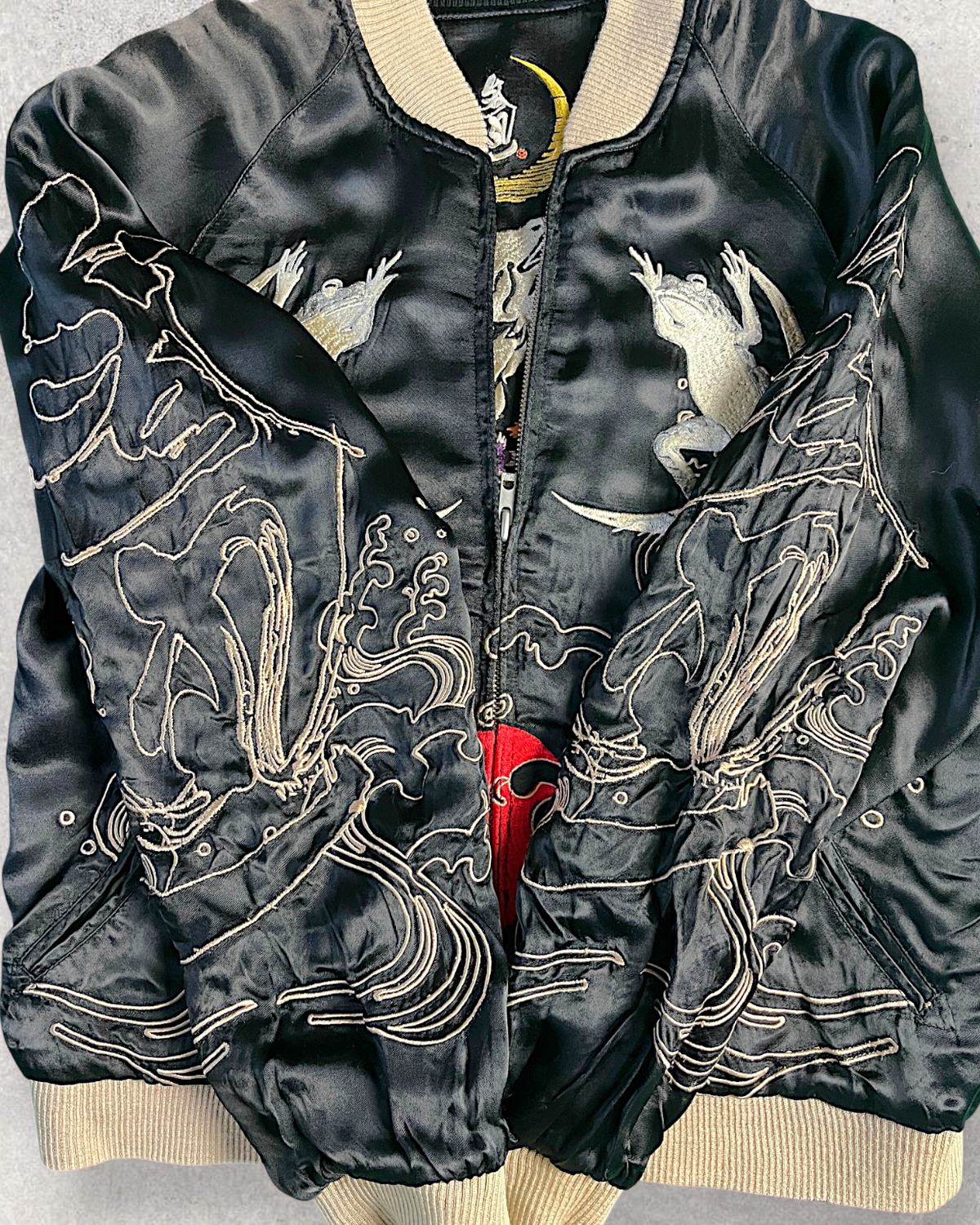 [M] Rare Vintage Sanmaruichi Sukajan Jacket – Reversible Frog  Koi Embroidery