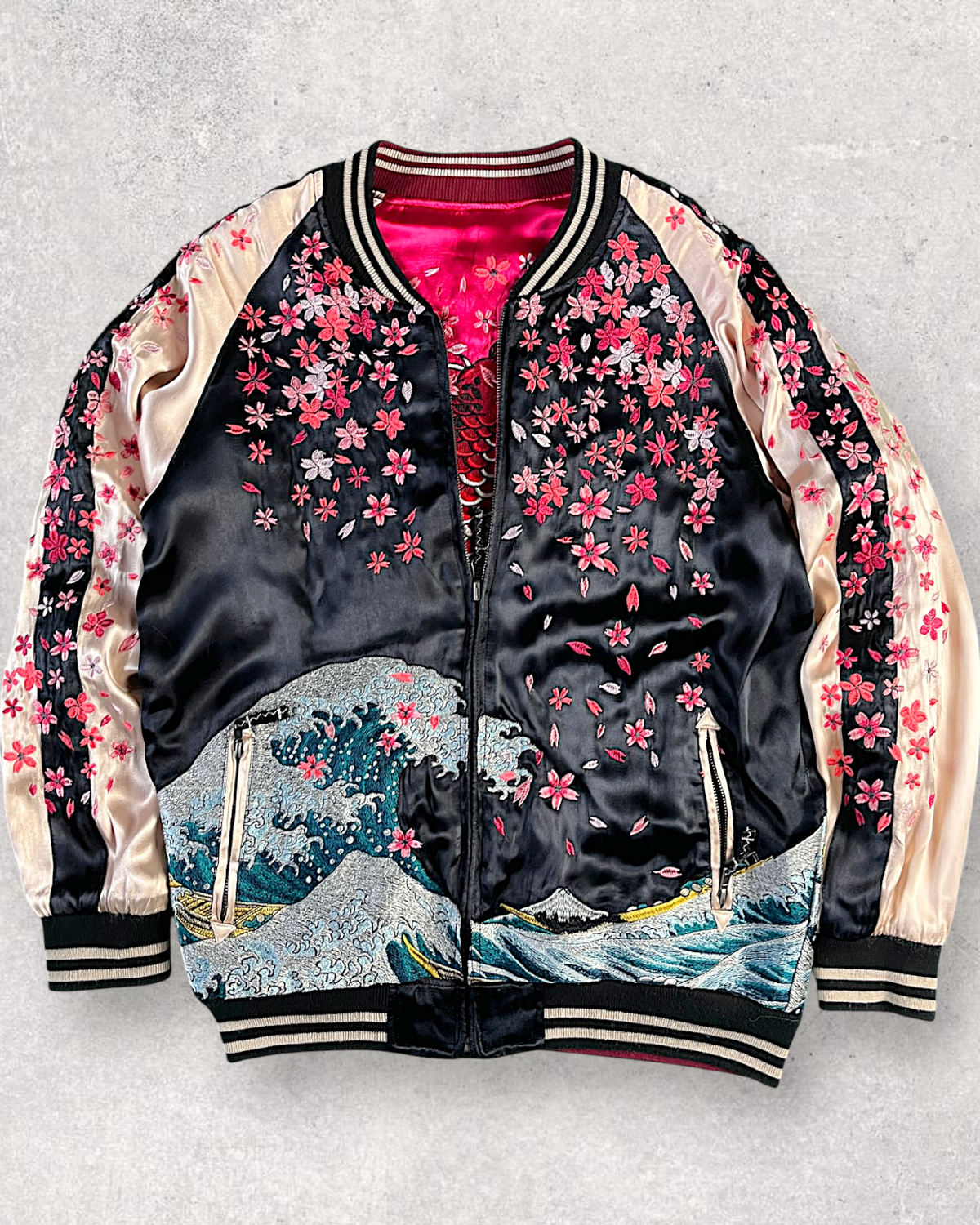 [L] Rare Vintage Miyabimusubi Reversible Sukajan Jacket – Sakura Koi Embroidery