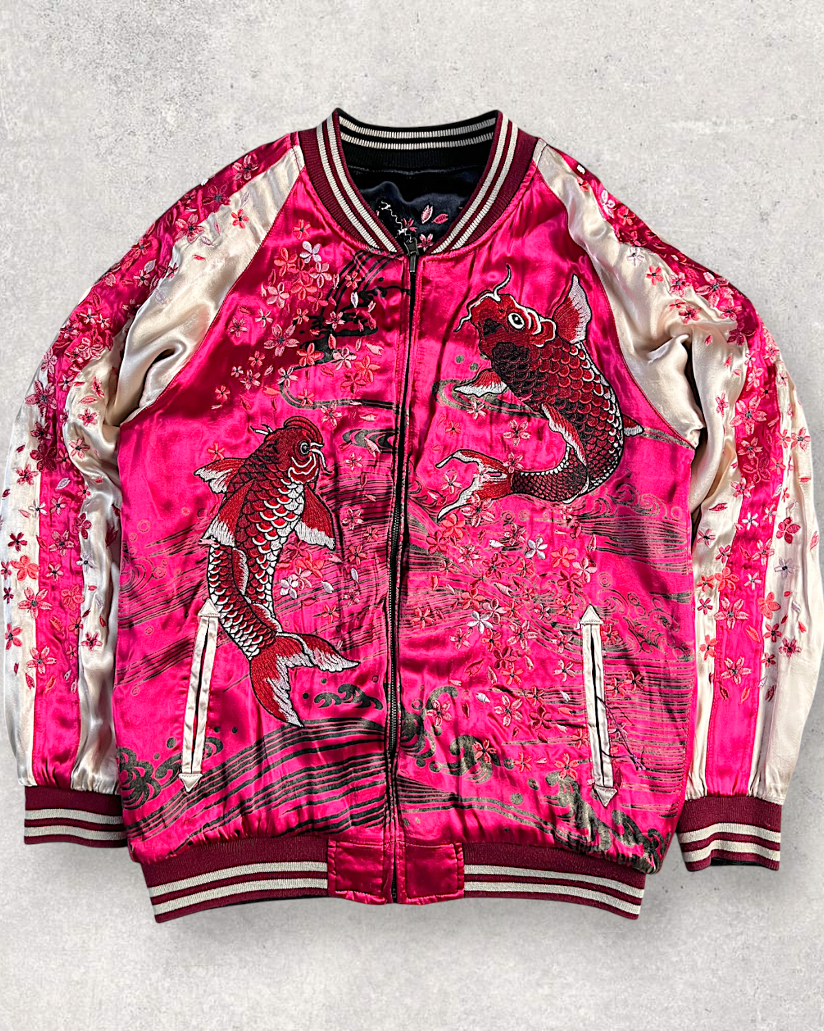 [L] Rare Vintage Miyabimusubi Reversible Sukajan Jacket – Sakura Koi Embroidery