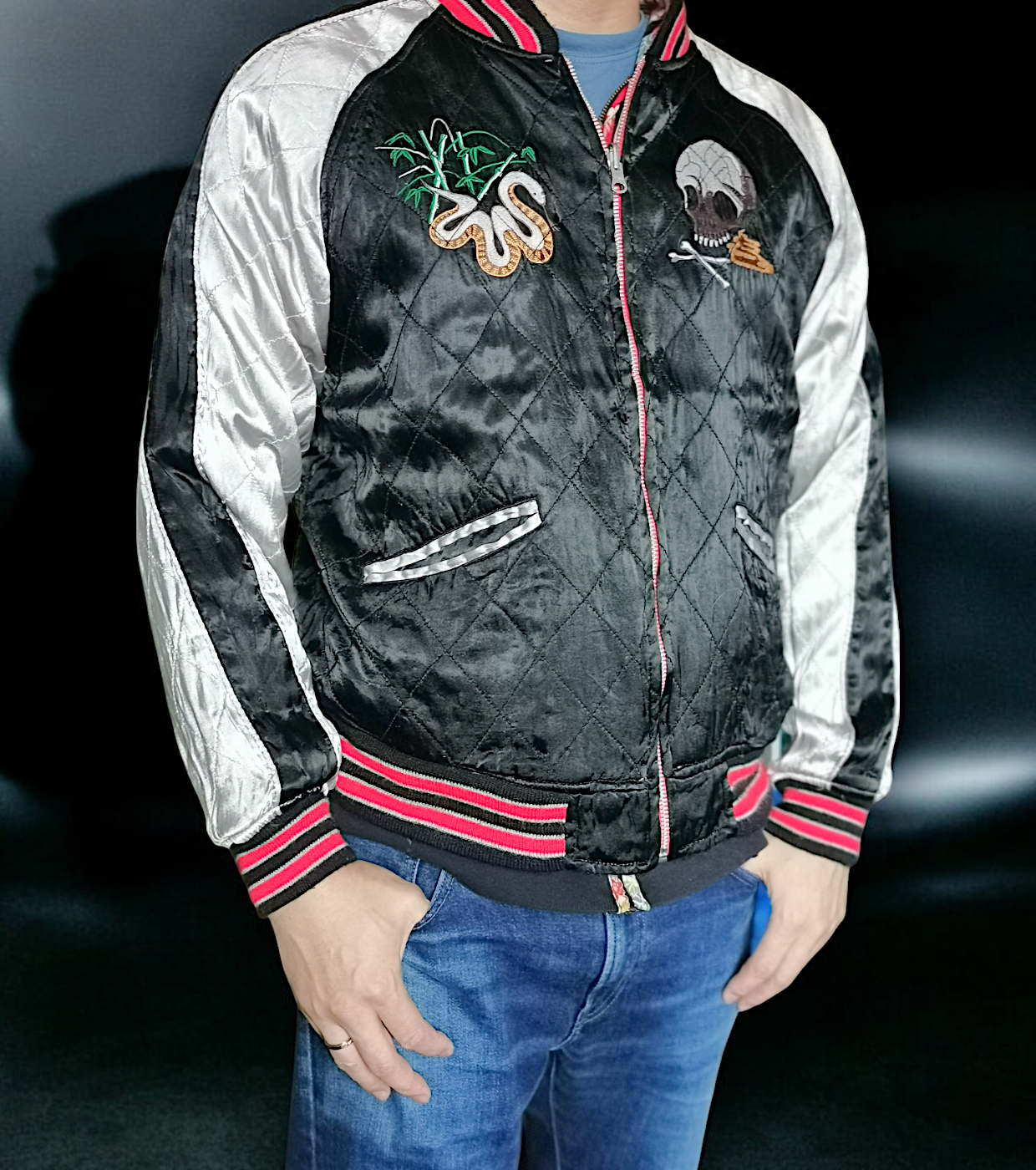 [L] Skull Pink Reversible Sukajan Houston | Vintage