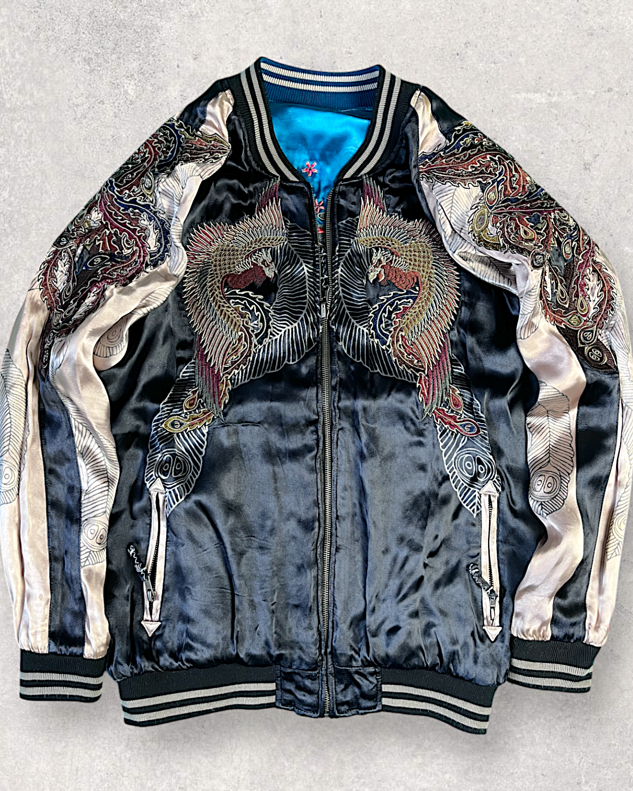 [XL]【Luxurious Embroidered Sukajan】Dragon & Cherry Blossom / Phoenix - Musubi Japan Reversible