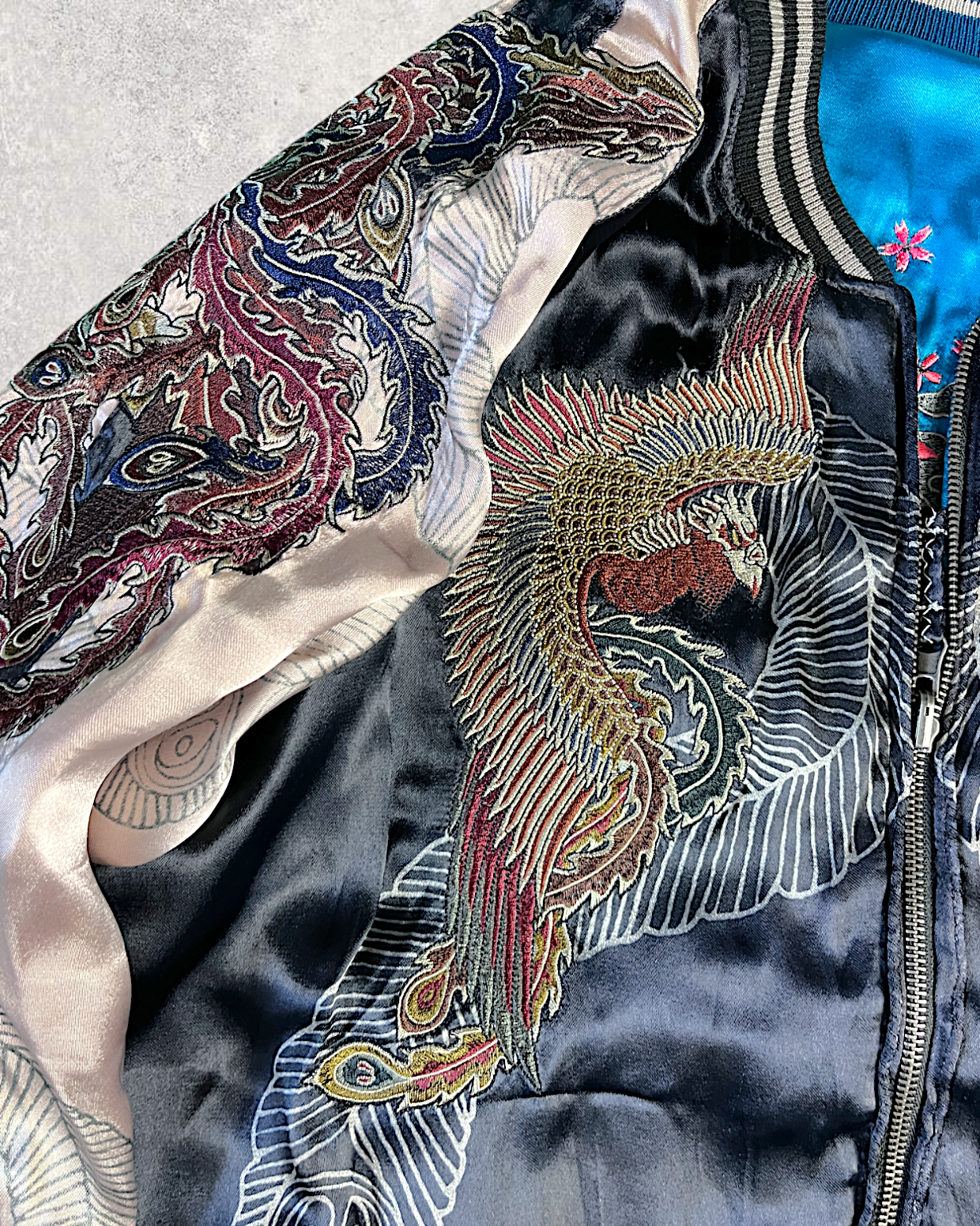 [XL]【Luxurious Embroidered Sukajan】Dragon & Cherry Blossom / Phoenix - Musubi Japan Reversible