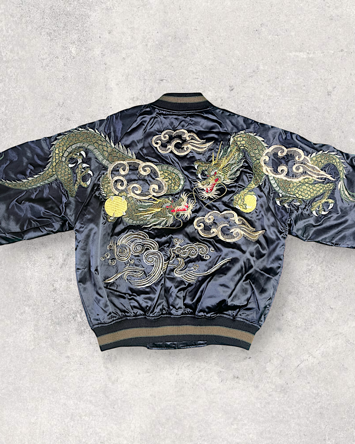 [FREE SIZE]【Authentic Embroidery】Hoshihime Twin Dragons & Clouds Souvenir Jacket Men's Black- Japanese Style