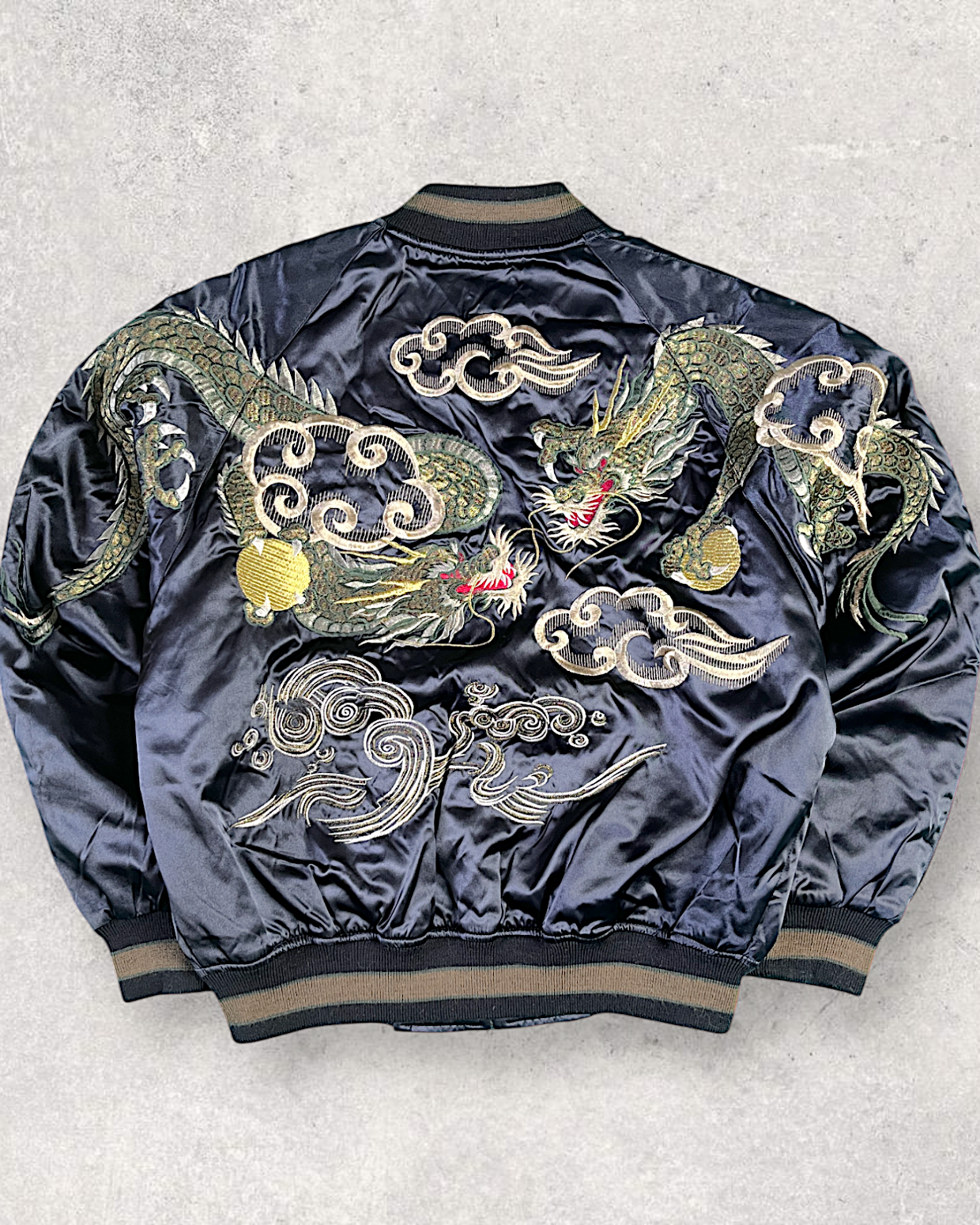 [FREE SIZE]【Authentic Embroidery】Hoshihime Twin Dragons & Clouds Souvenir Jacket Men's Black- Japanese Style