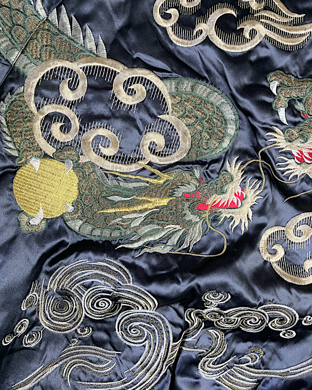 [FREE SIZE]【Authentic Embroidery】Hoshihime Twin Dragons & Clouds Souvenir Jacket Men's Black- Japanese Style