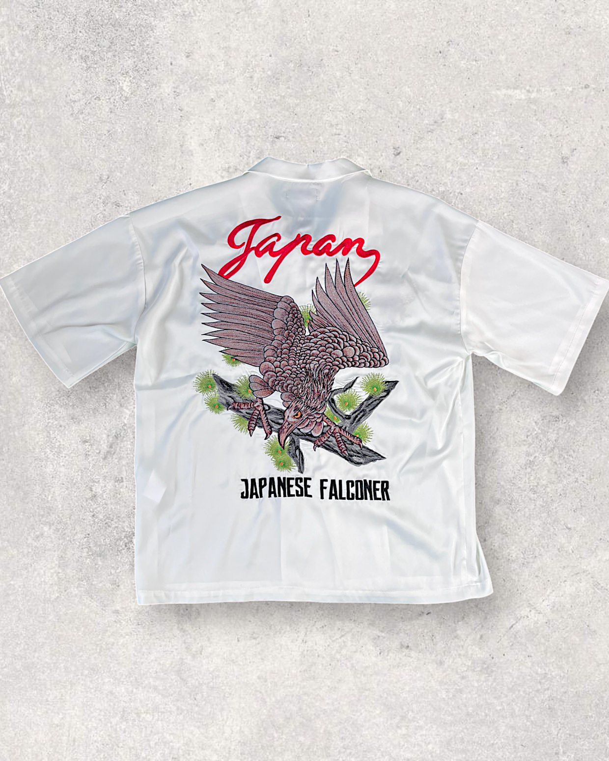 [46]【Unique】Hawk Embroidered Short Sleeve Shirt Men's Japan Logo Souvenir Jacket Style White Poly Blend