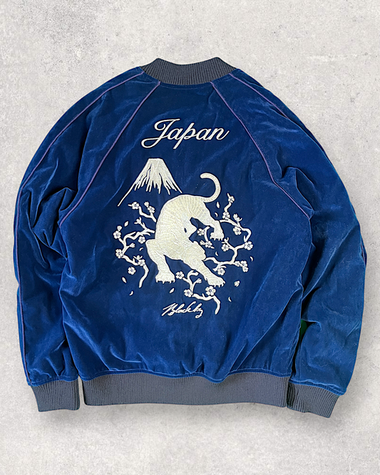 [L] Reversible Blue Velour Sukajan by VANQUISH – Mt. Fuji & Puma Embroidery | Unisex Vintage Jacket